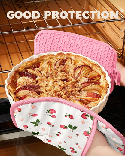 Silcone Strawberry Pot Holders for Kitchen - 100% Cotton Pink Cute Oven Potholders with Pockets, Heat Resistant Square Thick Hot Pads, House New Home Baking Baker Gifts,2pack
