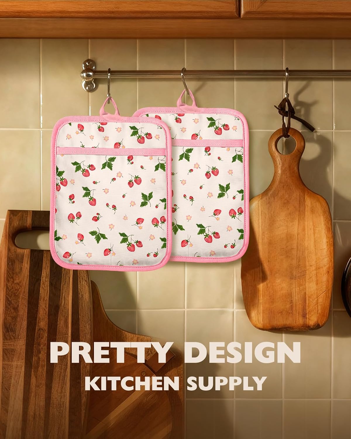 Silcone Strawberry Pot Holders for Kitchen - 100% Cotton Pink Cute Oven Potholders with Pockets, Heat Resistant Square Thick Hot Pads, House New Home Baking Baker Gifts,2pack