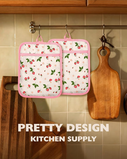 Silcone Strawberry Pot Holders for Kitchen - 100% Cotton Pink Cute Oven Potholders with Pockets, Heat Resistant Square Thick Hot Pads, House New Home Baking Baker Gifts,2pack
