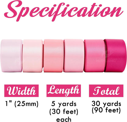 Pink Satin Ribbon 1 inch Baby/Light/Hot Pink Double-Faced Satin Ribbons for Flower Bouquet, Gift Wrapping, DIY Crafts, Bridal Shower Wedding Decor- 6 Rolls, Total 30 Yards