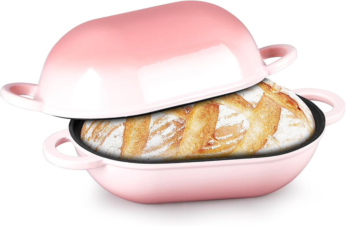 Enameled Cast Iron Bread Loaf Pan, 2 QT Oval Dutch Oven with Lid