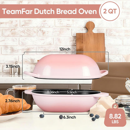 Enameled Cast Iron Bread Loaf Pan, 2 QT Oval Dutch Oven with Lid