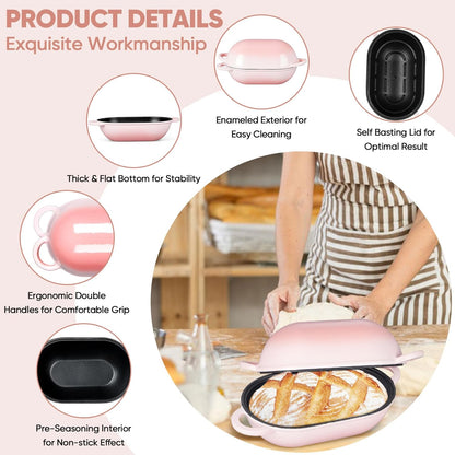 Enameled Cast Iron Bread Loaf Pan, 2 QT Oval Dutch Oven with Lid