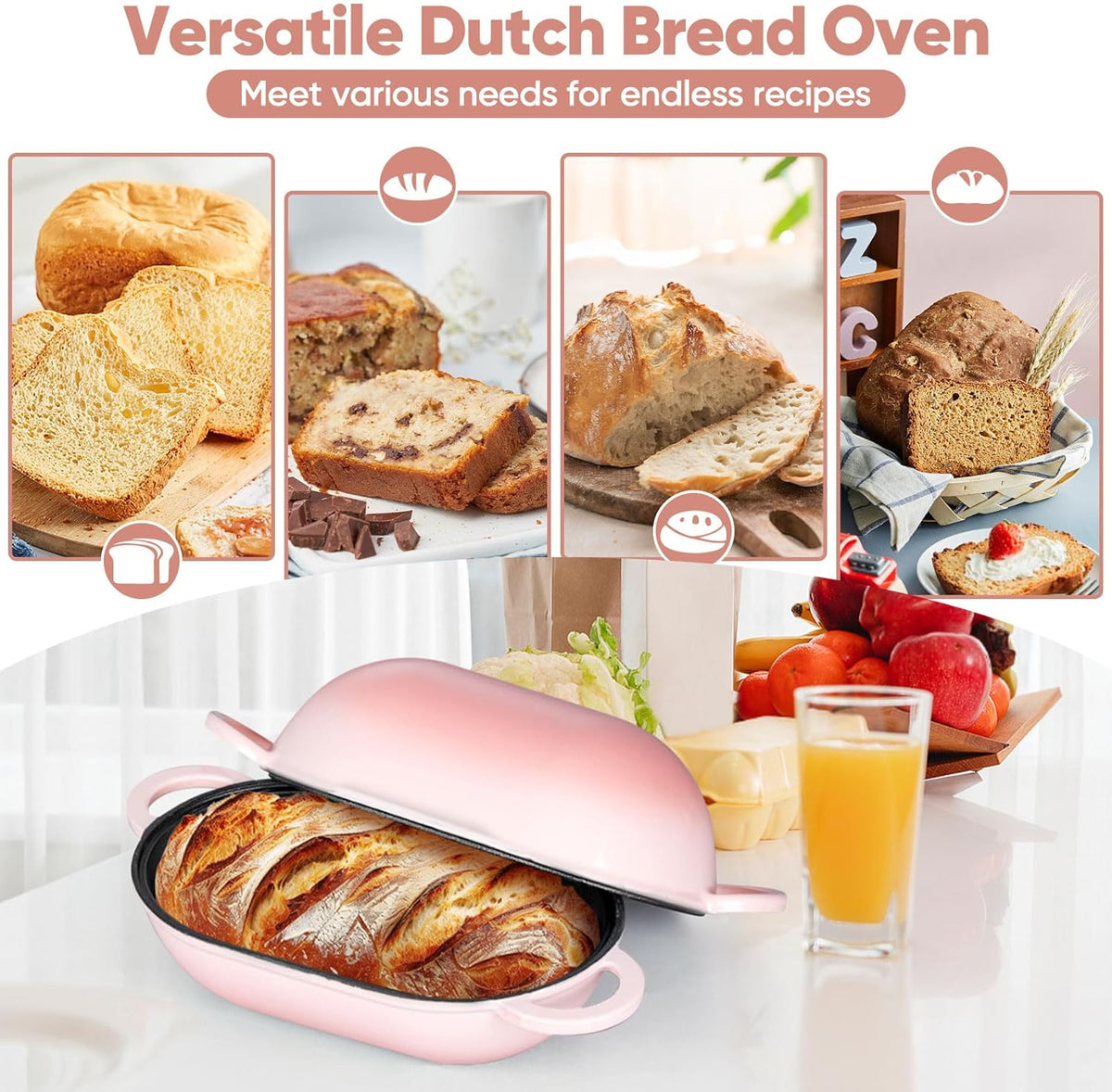 Enameled Cast Iron Bread Loaf Pan, 2 QT Oval Dutch Oven with Lid