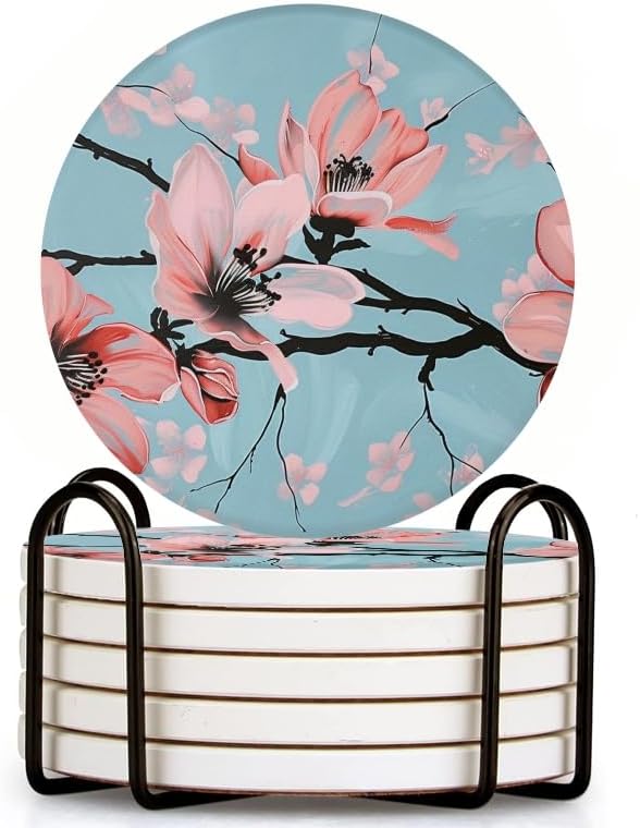 Drink Coasters Set of 6 with Holder Hand-Painted Pink Magnolia Flowers On Light Blue Background Round Water Absorbent Ceramic Coasters Tabletop Protection,Suitable for Various Cup,Home Decor,4In
