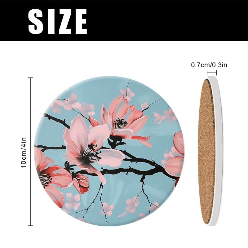 Drink Coasters Set of 6 with Holder Hand-Painted Pink Magnolia Flowers On Light Blue Background Round Water Absorbent Ceramic Coasters Tabletop Protection,Suitable for Various Cup,Home Decor,4In