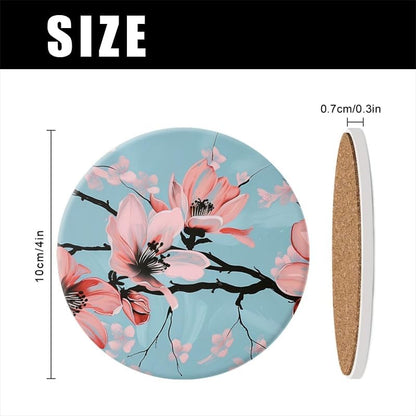 Drink Coasters Set of 6 with Holder Hand-Painted Pink Magnolia Flowers On Light Blue Background Round Water Absorbent Ceramic Coasters Tabletop Protection,Suitable for Various Cup,Home Decor,4In