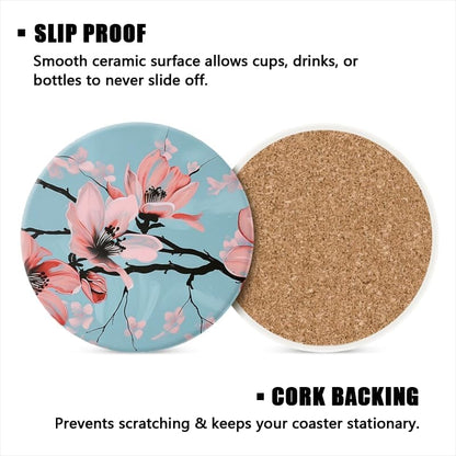 Drink Coasters Set of 6 with Holder Hand-Painted Pink Magnolia Flowers On Light Blue Background Round Water Absorbent Ceramic Coasters Tabletop Protection,Suitable for Various Cup,Home Decor,4In