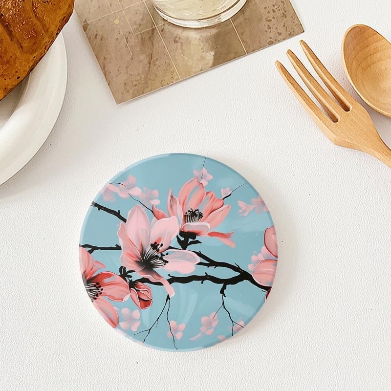 Drink Coasters Set of 6 with Holder Hand-Painted Pink Magnolia Flowers On Light Blue Background Round Water Absorbent Ceramic Coasters Tabletop Protection,Suitable for Various Cup,Home Decor,4In
