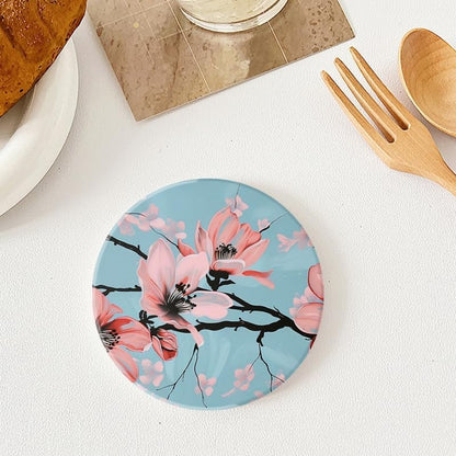 Drink Coasters Set of 6 with Holder Hand-Painted Pink Magnolia Flowers On Light Blue Background Round Water Absorbent Ceramic Coasters Tabletop Protection,Suitable for Various Cup,Home Decor,4In