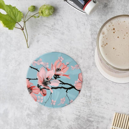 Drink Coasters Set of 6 with Holder Hand-Painted Pink Magnolia Flowers On Light Blue Background Round Water Absorbent Ceramic Coasters Tabletop Protection,Suitable for Various Cup,Home Decor,4In
