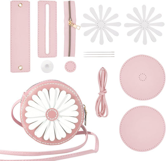 DIY Purse Sewing Kit, DIY Crafts Lovely Shoulder Bag Sewing Materials Cute Flower Sewing Pattern Sewing Round Bag Kit for Handmade Purse Making Accessories Birthday Xmas Valentine Gift, Pink