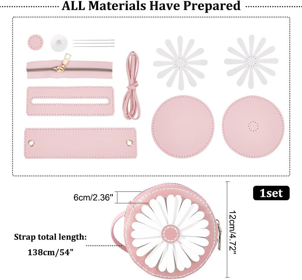 DIY Purse Sewing Kit, DIY Crafts Lovely Shoulder Bag Sewing Materials Cute Flower Sewing Pattern Sewing Round Bag Kit for Handmade Purse Making Accessories Birthday Xmas Valentine Gift, Pink