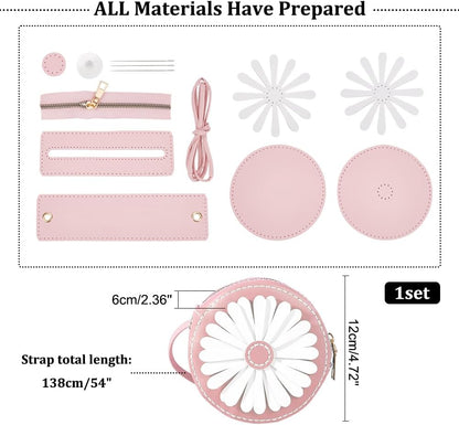 DIY Purse Sewing Kit, DIY Crafts Lovely Shoulder Bag Sewing Materials Cute Flower Sewing Pattern Sewing Round Bag Kit for Handmade Purse Making Accessories Birthday Xmas Valentine Gift, Pink