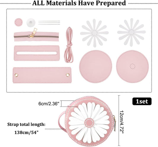 DIY Purse Sewing Kit, DIY Crafts Lovely Shoulder Bag Sewing Materials Cute Flower Sewing Pattern Sewing Round Bag Kit for Handmade Purse Making Accessories Birthday Xmas Valentine Gift, Pink
