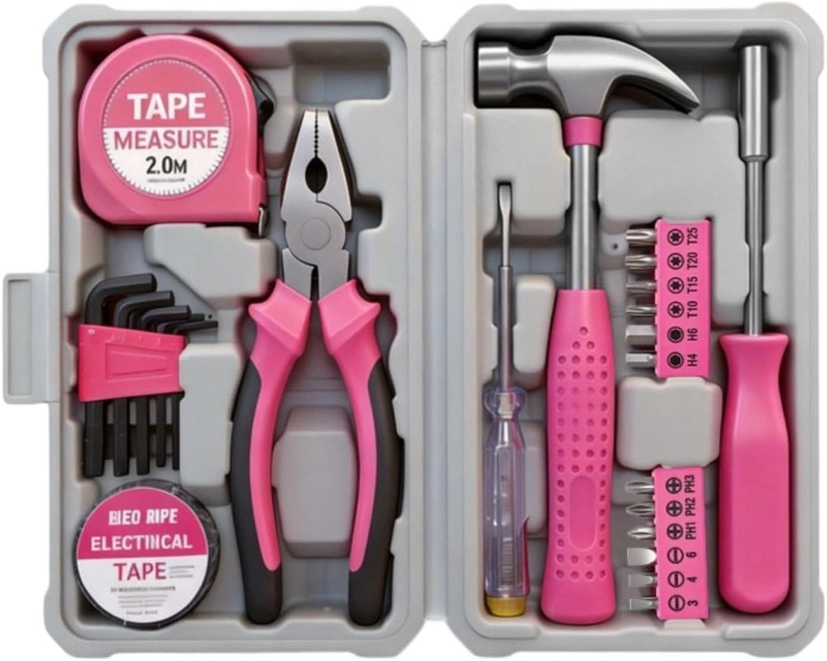 23 Piece Pink Steel Home Set With Soft Grip Handles For Craft And Household Maintenance