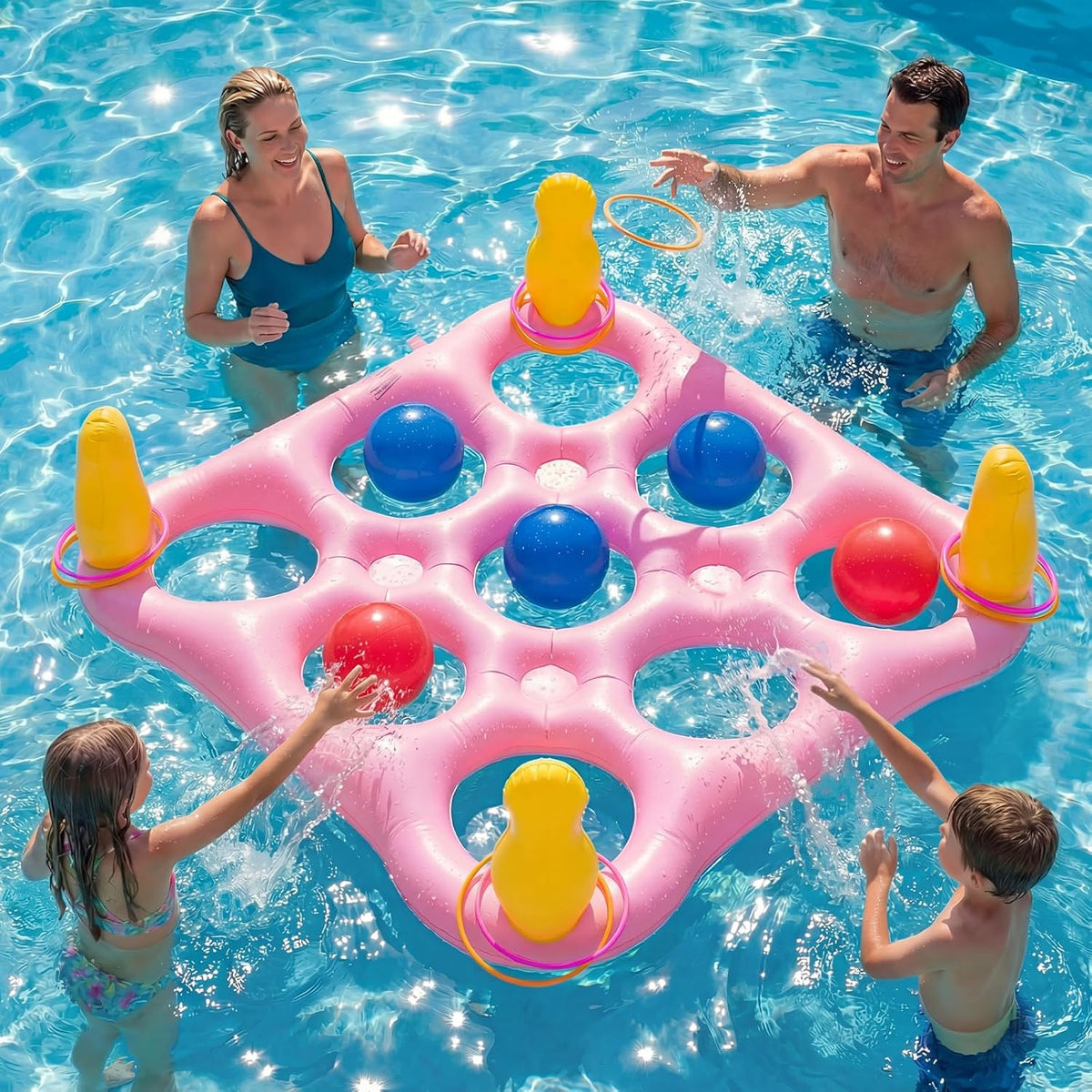 Tic-Tac-Toe Pool Toys Games - 2-in-1 Giant Inflatable Pool Floats with Ring Toss Set and 10 Balls, Fun Summer Party Water Beach Float Pool Game for Adults Teens Kids (Pink)
