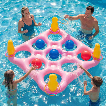 Tic-Tac-Toe Pool Toys Games - 2-in-1 Giant Inflatable Pool Floats with Ring Toss Set and 10 Balls, Fun Summer Party Water Beach Float Pool Game for Adults Teens Kids (Pink)