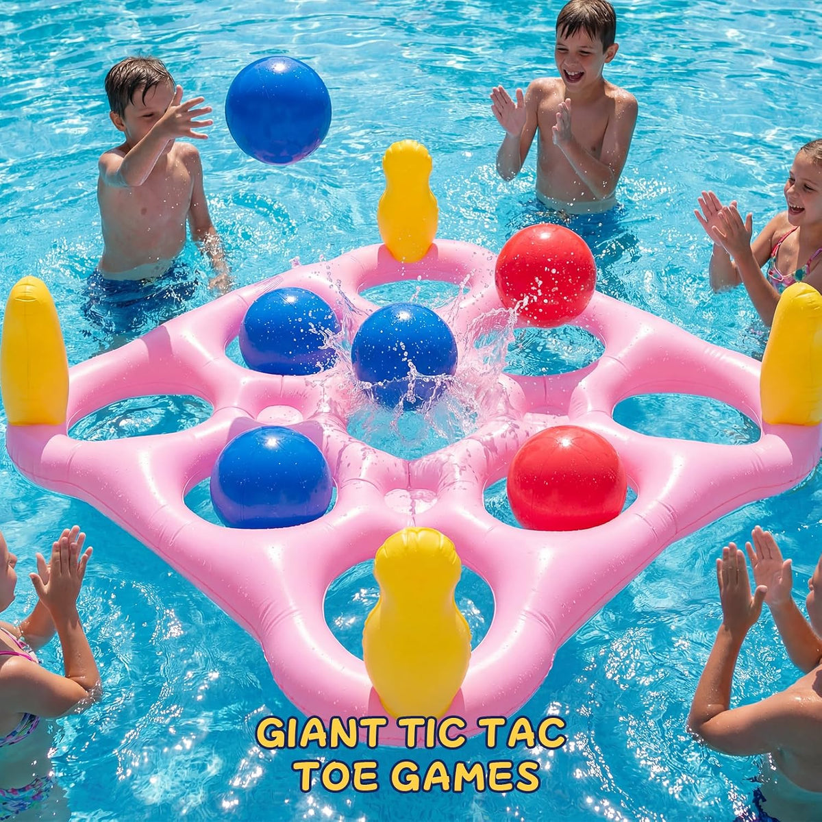 Tic-Tac-Toe Pool Toys Games - 2-in-1 Giant Inflatable Pool Floats with Ring Toss Set and 10 Balls, Fun Summer Party Water Beach Float Pool Game for Adults Teens Kids (Pink)