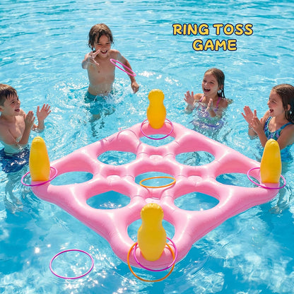 Tic-Tac-Toe Pool Toys Games - 2-in-1 Giant Inflatable Pool Floats with Ring Toss Set and 10 Balls, Fun Summer Party Water Beach Float Pool Game for Adults Teens Kids (Pink)