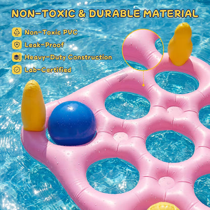 Tic-Tac-Toe Pool Toys Games - 2-in-1 Giant Inflatable Pool Floats with Ring Toss Set and 10 Balls, Fun Summer Party Water Beach Float Pool Game for Adults Teens Kids (Pink)