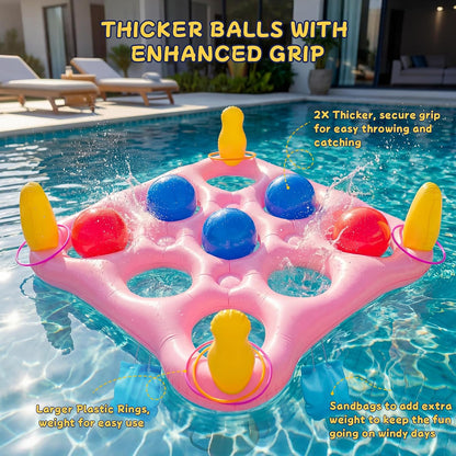 Tic-Tac-Toe Pool Toys Games - 2-in-1 Giant Inflatable Pool Floats with Ring Toss Set and 10 Balls, Fun Summer Party Water Beach Float Pool Game for Adults Teens Kids (Pink)
