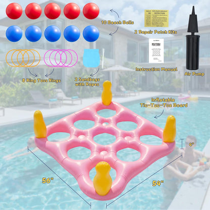 Tic-Tac-Toe Pool Toys Games - 2-in-1 Giant Inflatable Pool Floats with Ring Toss Set and 10 Balls, Fun Summer Party Water Beach Float Pool Game for Adults Teens Kids (Pink)