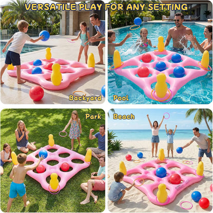 Tic-Tac-Toe Pool Toys Games - 2-in-1 Giant Inflatable Pool Floats with Ring Toss Set and 10 Balls, Fun Summer Party Water Beach Float Pool Game for Adults Teens Kids (Pink)