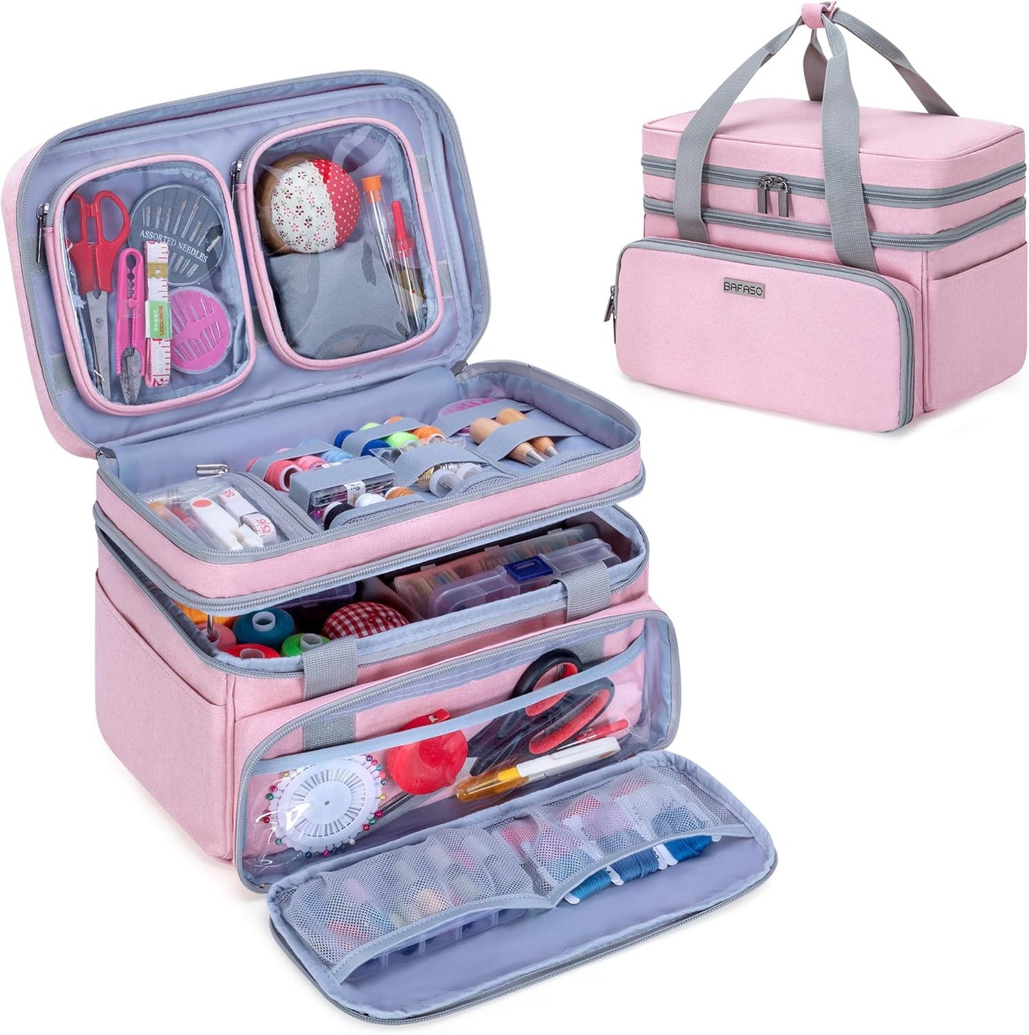 Double Layer Sewing Accessories Organizer with 2 Detachable Pouches, Large Sewing Storage Bag for Sewing Tools (Bag ONLY), Pink