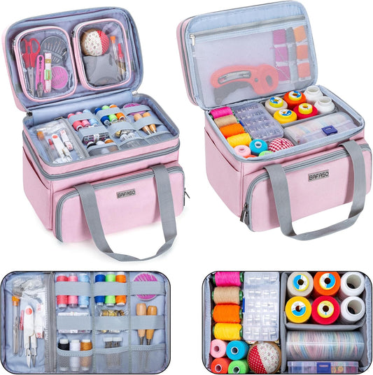 Double Layer Sewing Accessories Organizer with 2 Detachable Pouches, Large Sewing Storage Bag for Sewing Tools (Bag ONLY), Pink