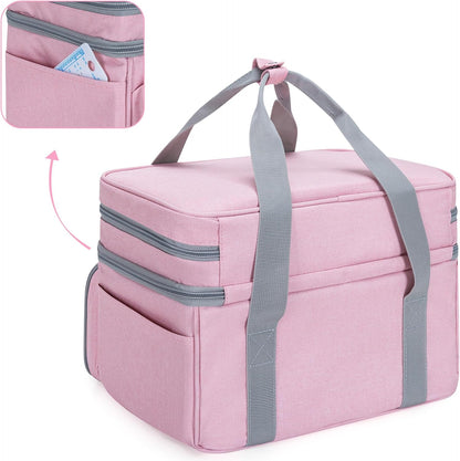Double Layer Sewing Accessories Organizer with 2 Detachable Pouches, Large Sewing Storage Bag for Sewing Tools (Bag ONLY), Pink