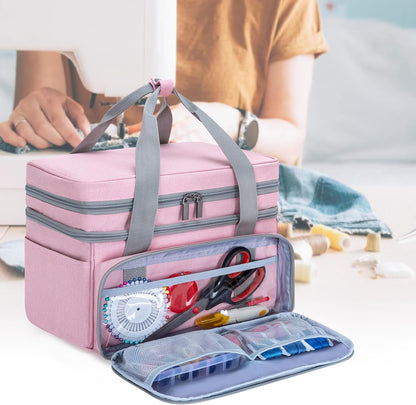 Double Layer Sewing Accessories Organizer with 2 Detachable Pouches, Large Sewing Storage Bag for Sewing Tools (Bag ONLY), Pink
