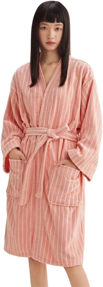 Womens Robe 100% Cotton Luxury Stripe Bathrobe For Unisex Soft Terry Cloth Towel Robes With Pockets