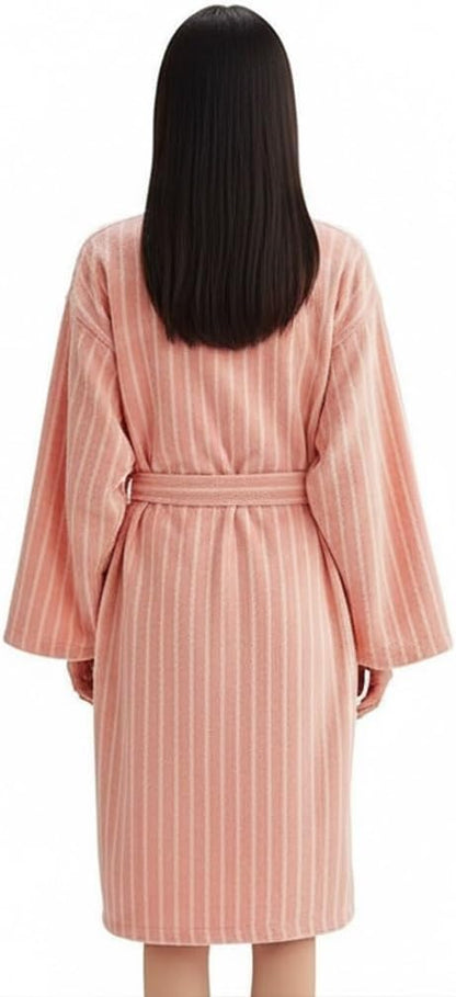 Womens Robe 100% Cotton Luxury Stripe Bathrobe For Unisex Soft Terry Cloth Towel Robes With Pockets