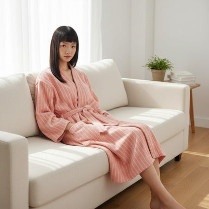 Womens Robe 100% Cotton Luxury Stripe Bathrobe For Unisex Soft Terry Cloth Towel Robes With Pockets