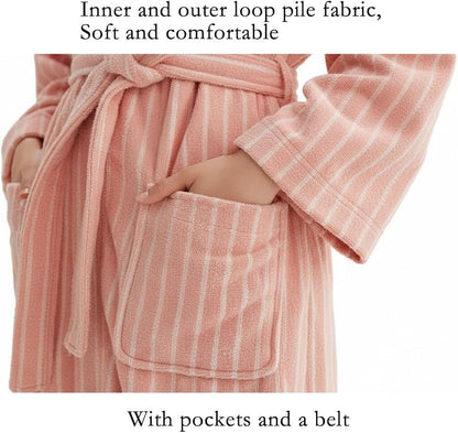 Womens Robe 100% Cotton Luxury Stripe Bathrobe For Unisex Soft Terry Cloth Towel Robes With Pockets