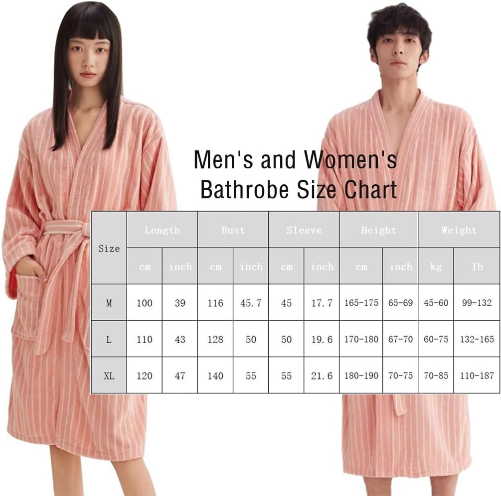 Womens Robe 100% Cotton Luxury Stripe Bathrobe For Unisex Soft Terry Cloth Towel Robes With Pockets