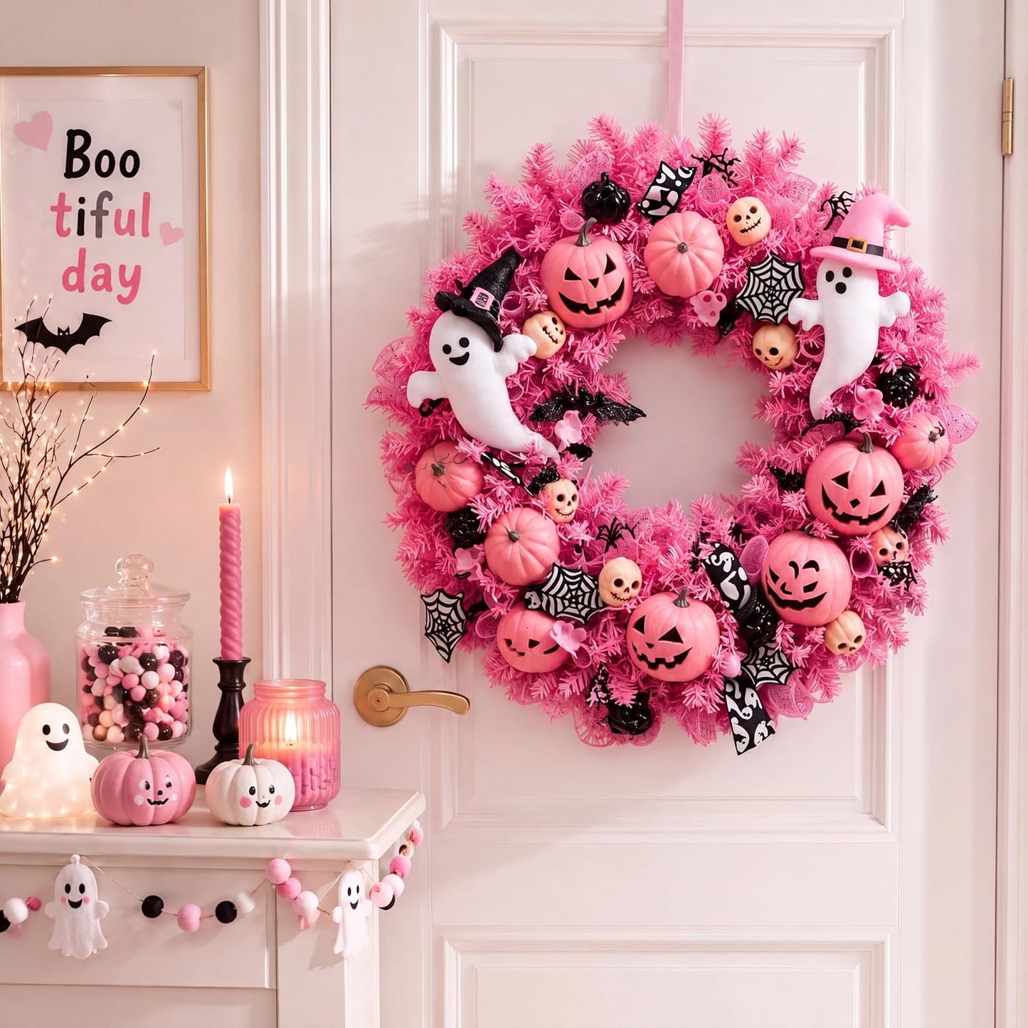 16 Inch Pink Halloween Decorations Pink Ghost Wreaths for Front Door