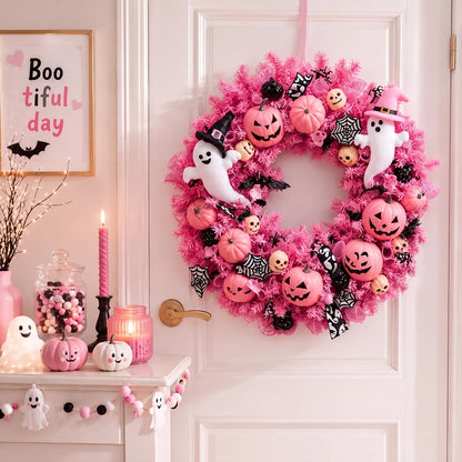 16 Inch Pink Halloween Decorations Pink Ghost Wreaths for Front Door