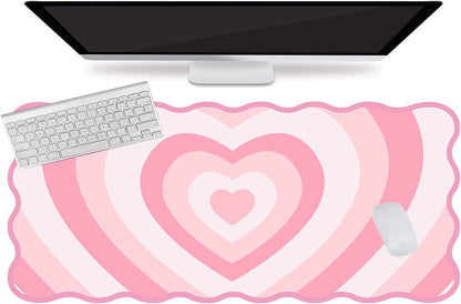 Pink Mouse Pad,Cute Desk Mat XXL Large Scalloped Gaming Mousepad,35.4x15.7in Non-Slip Rubber Base Keyboard Pad Waterproof Desktop Mat for Laptop Computer Work Game Home Office-Pink Heart