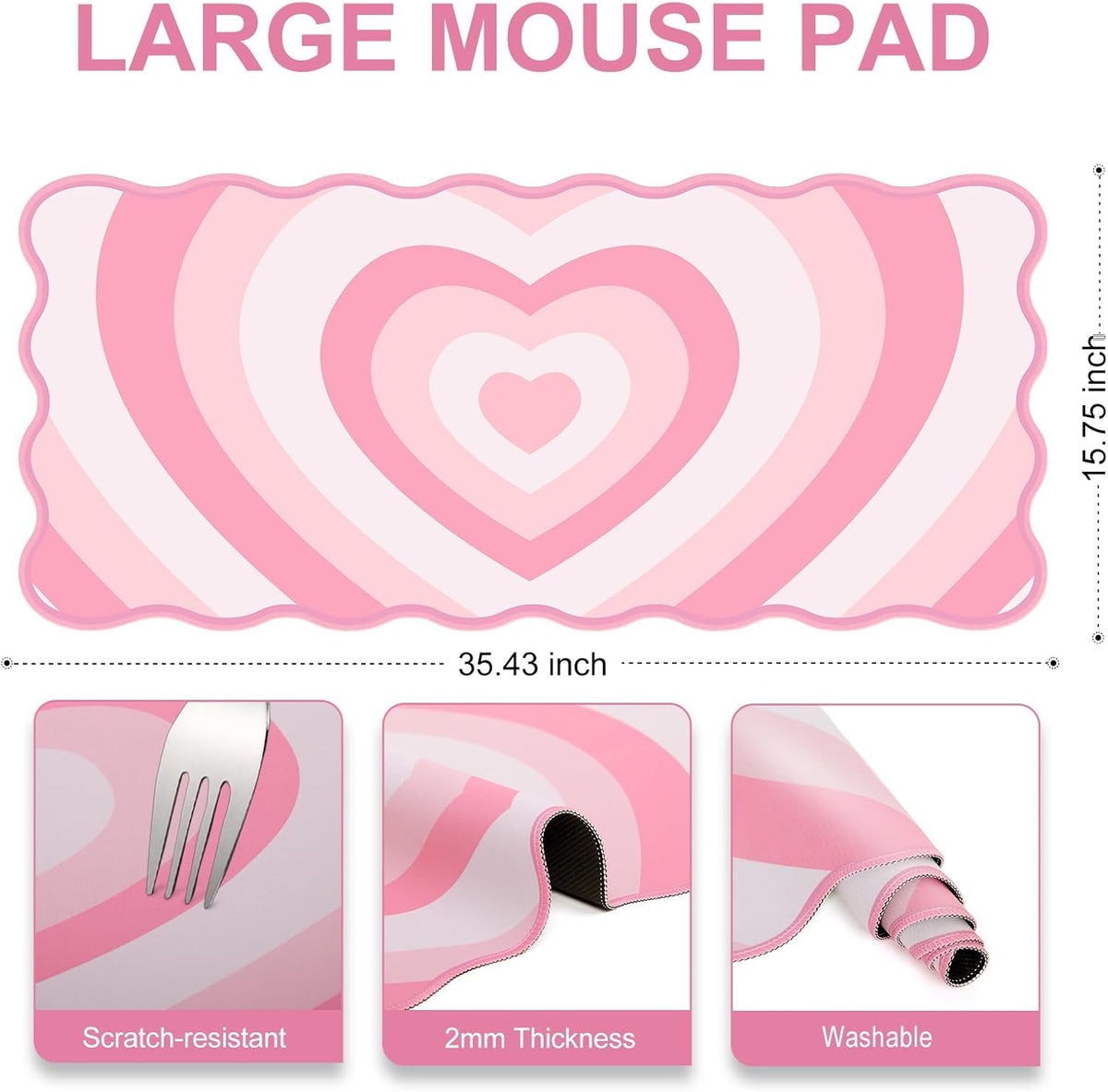 Pink Mouse Pad,Cute Desk Mat XXL Large Scalloped Gaming Mousepad,35.4x15.7in Non-Slip Rubber Base Keyboard Pad Waterproof Desktop Mat for Laptop Computer Work Game Home Office-Pink Heart