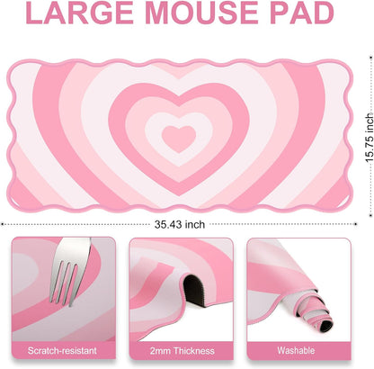 Pink Mouse Pad,Cute Desk Mat XXL Large Scalloped Gaming Mousepad,35.4x15.7in Non-Slip Rubber Base Keyboard Pad Waterproof Desktop Mat for Laptop Computer Work Game Home Office-Pink Heart