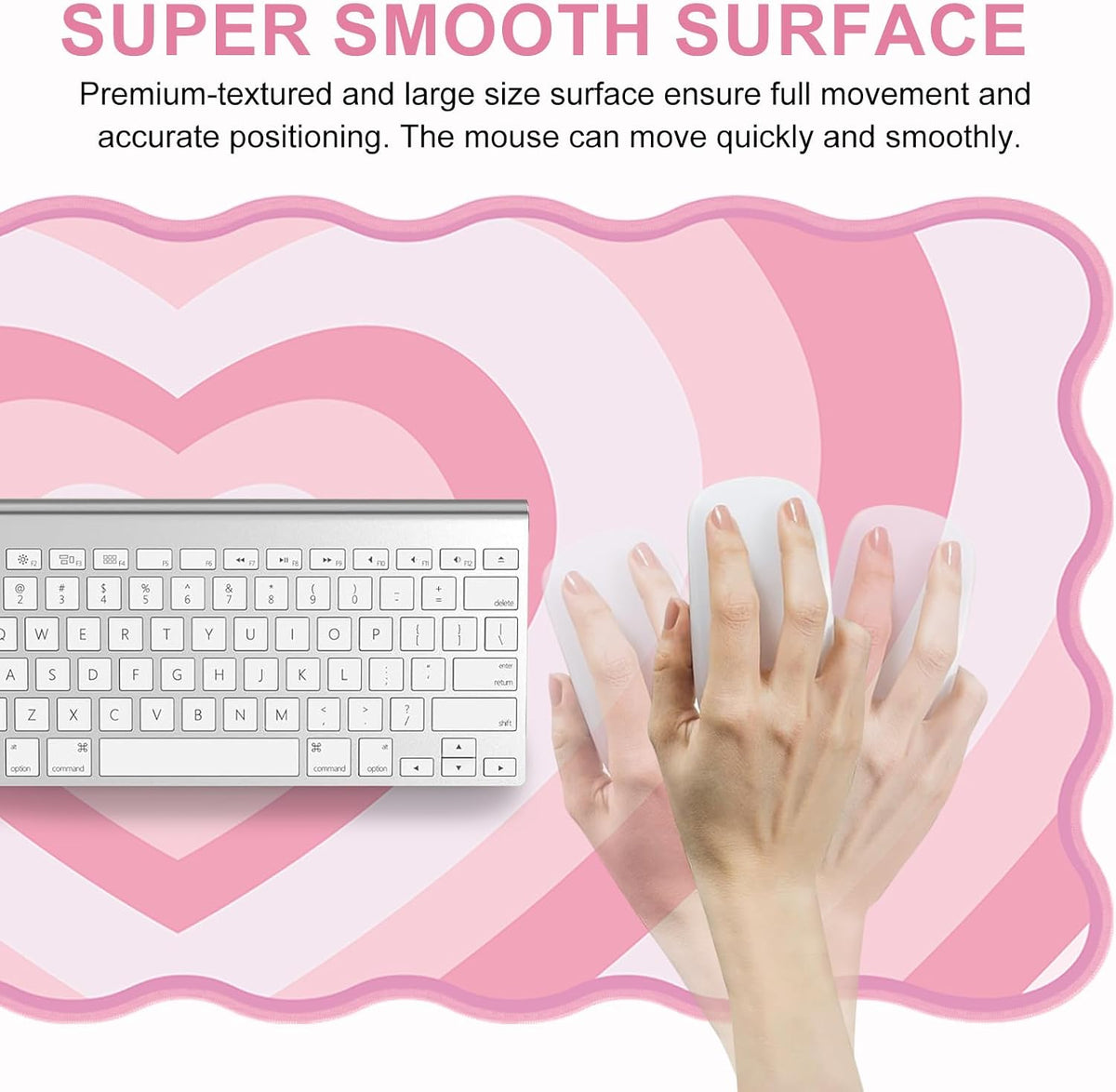 Pink Mouse Pad,Cute Desk Mat XXL Large Scalloped Gaming Mousepad,35.4x15.7in Non-Slip Rubber Base Keyboard Pad Waterproof Desktop Mat for Laptop Computer Work Game Home Office-Pink Heart