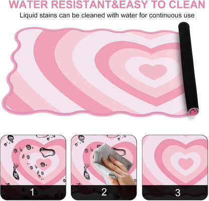 Pink Mouse Pad,Cute Desk Mat XXL Large Scalloped Gaming Mousepad,35.4x15.7in Non-Slip Rubber Base Keyboard Pad Waterproof Desktop Mat for Laptop Computer Work Game Home Office-Pink Heart