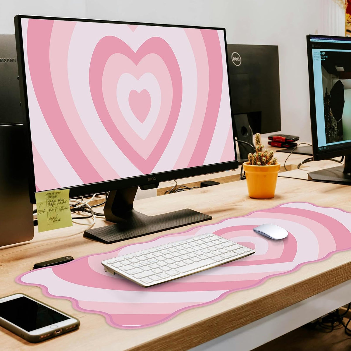 Pink Mouse Pad,Cute Desk Mat XXL Large Scalloped Gaming Mousepad,35.4x15.7in Non-Slip Rubber Base Keyboard Pad Waterproof Desktop Mat for Laptop Computer Work Game Home Office-Pink Heart