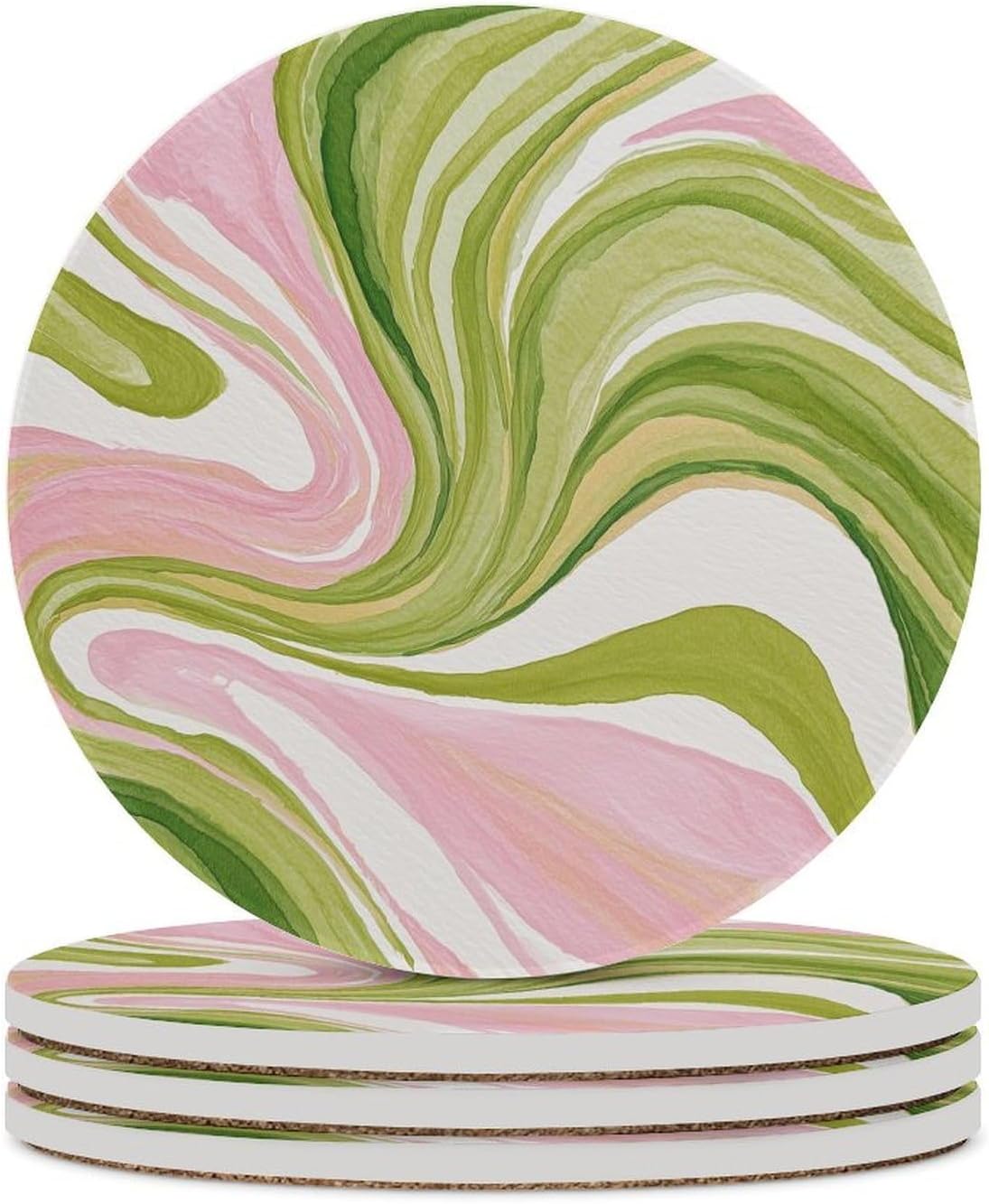 Watercolor Light Pink Green Swirl Marble Coasters Set of 4 Absorbent Coasters