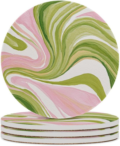 Watercolor Light Pink Green Swirl Marble Coasters Set of 4 Absorbent Coasters