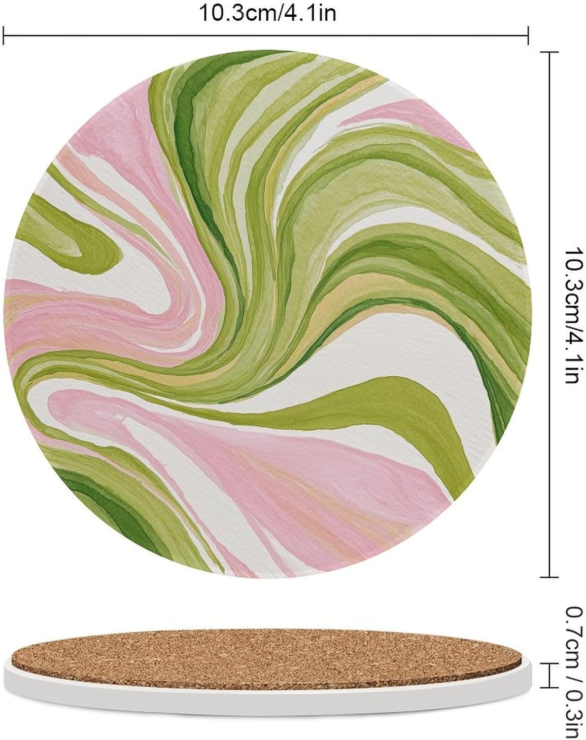 Watercolor Light Pink Green Swirl Marble Coasters Set of 4 Absorbent Coasters