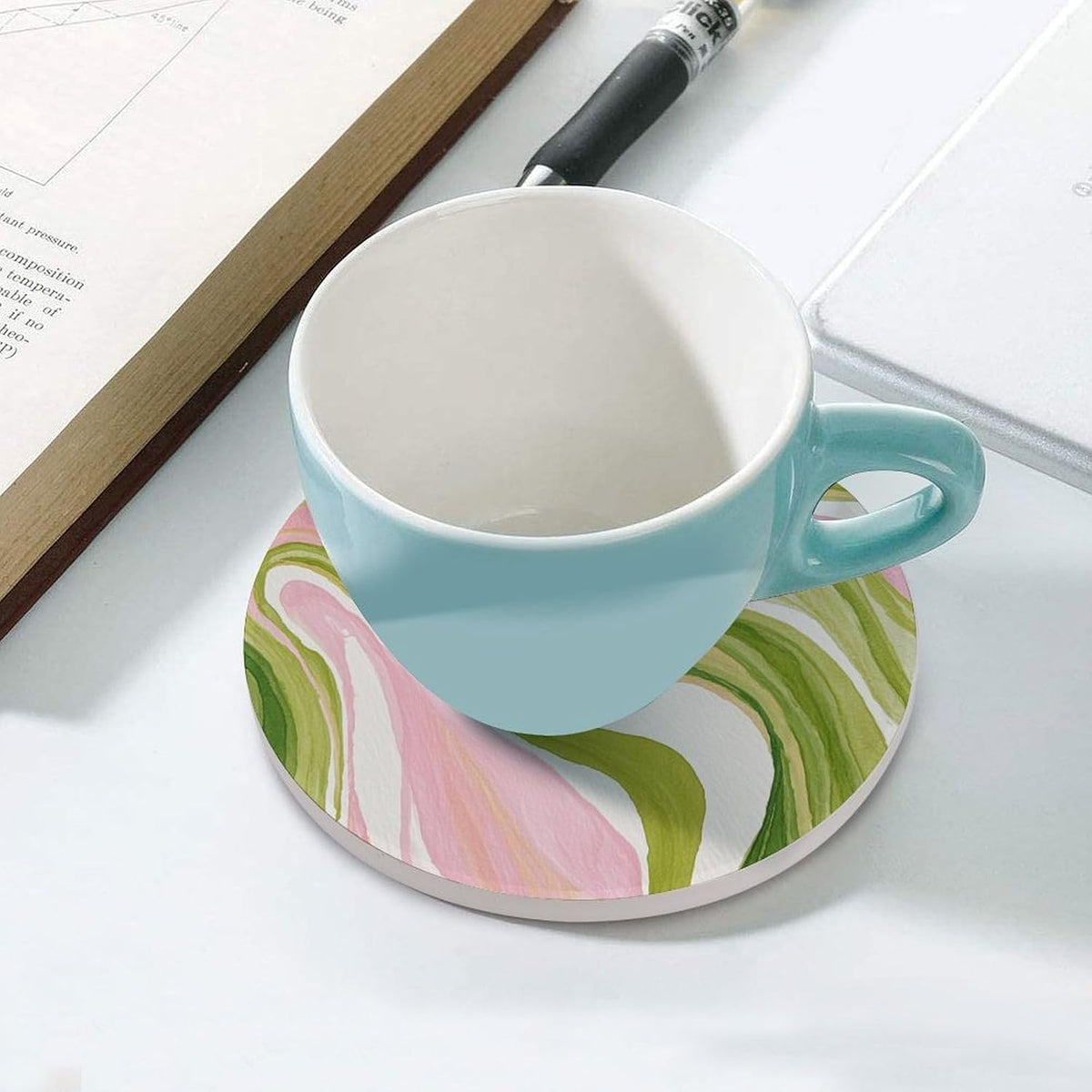 Watercolor Light Pink Green Swirl Marble Coasters Set of 4 Absorbent Coasters