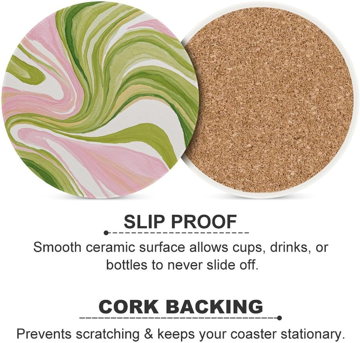Watercolor Light Pink Green Swirl Marble Coasters Set of 4 Absorbent Coasters